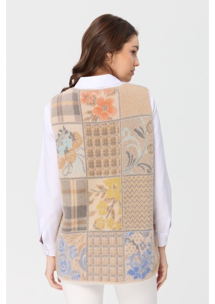 Kadın V Yaka Patchwork Yelek Bej modelleri