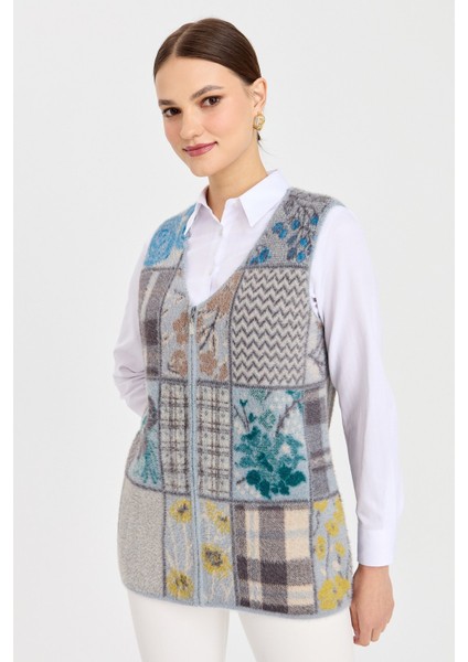 Kadın V Yaka Patchwork Yelek A.mavi
