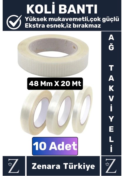 Premium Yüksek Mukavemetli Iz Bırakmaz Ip Ağ Takviyeli Çok Güçlü Lifli Kopmaz Koli Bandı 20MT x 10AD
