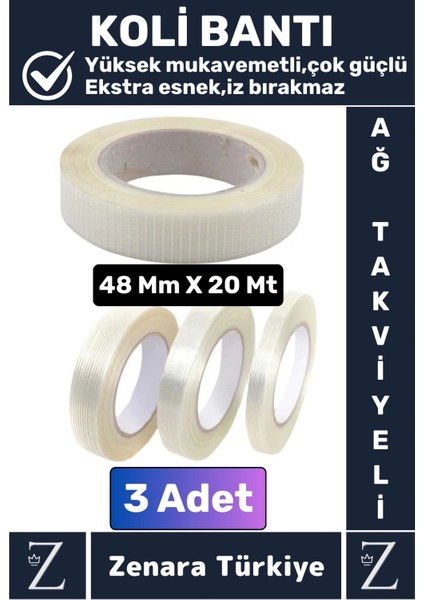 Premium Yüksek Mukavemetli Iz Bırakmaz Ip Ağ Takviyeli Çok Güçlü Lifli Kopmaz Koli Bandı 20 mt X3 Ad