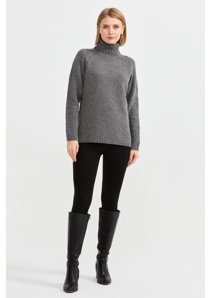 Kadın Tam Balıkçı Yaka Omzu Saç Örgülü Yün Kazak Füme fiyatları