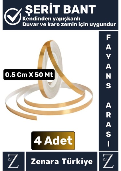 Premium Kendinden Yapışkanlı Su Geçirmez Fayans Arası Gold Şerit Derz Bant 0.5 cm x 50 Metre 4 Adet
