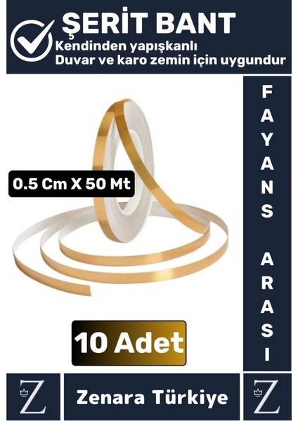 Premium Kendinden Yapışkanlı Su Geçirmez Fayans Arası Gold Şerit Derz Bant 0.5 cm x 50 Metre 10 Adet