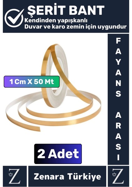 Premium Kendinden Yapışkanlı Su Geçirmez Fayans Arası Gold Şerit Derz Bant 1 cm x 50 Metre 2 Adet