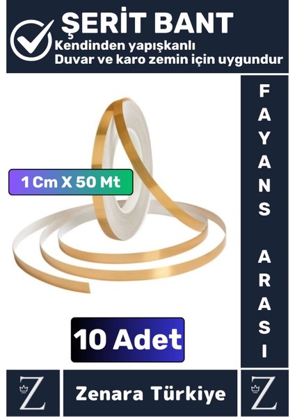 Premium Kendinden Yapışkanlı Su Geçirmez Fayans Arası Gold Şerit Derz Bant 1 cm x 50 Metre 10 Adet