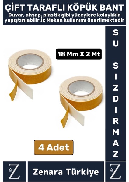 Uzun Ömürlü Ultra Güçlü Kolay Uygulanır Iz Bırakmaz Çift Taraflı Köpük Bant 18 mm x 2 Metre 4 Adet