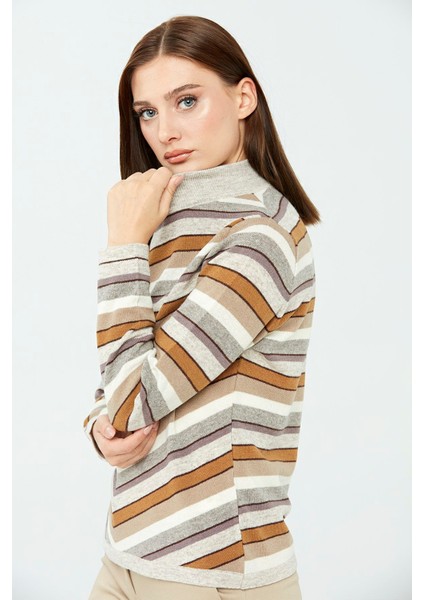 Kadın Çizgili Yarım Balıkçı Kazak V.bej