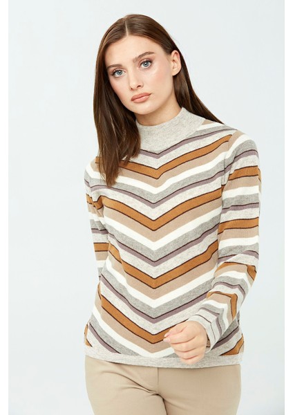 Kadın Çizgili Yarım Balıkçı Kazak V.bej fiyatları