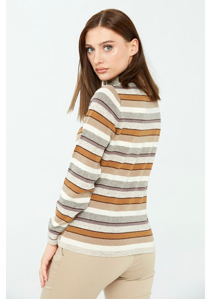 Kadın Çizgili Yarım Balıkçı Kazak V.bej modelleri