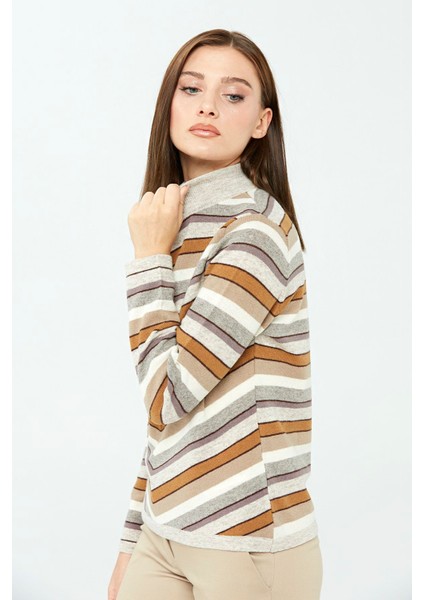 Kadın Çizgili Yarım Balıkçı Kazak V.bej indirimleri