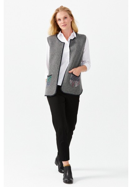 Kadın Sıfır Yaka Su Taşı Boncuk Işlemeli Kısa Yelek Füme fırsatları