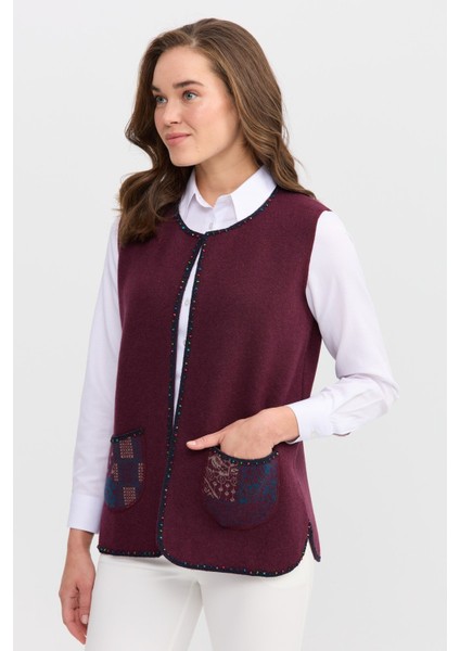 Kadın Sıfır Yaka Su Taşı Boncuk Işlemeli Kısa Yelek K.mürdüm fiyatları