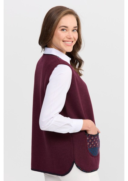 Kadın Sıfır Yaka Su Taşı Boncuk Işlemeli Kısa Yelek K.mürdüm modelleri