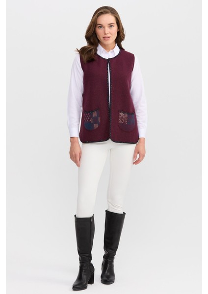 Kadın Sıfır Yaka Su Taşı Boncuk Işlemeli Kısa Yelek K.mürdüm indirimleri