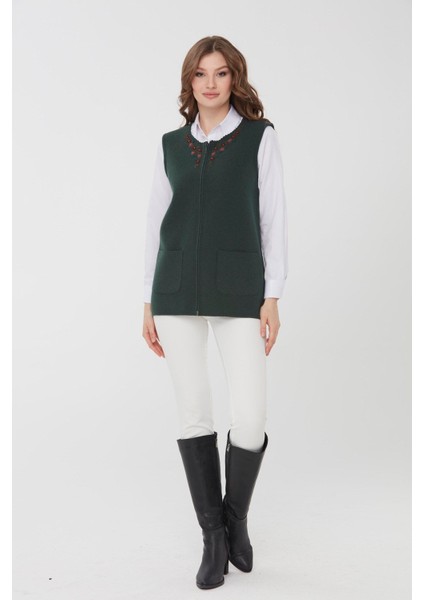 Kadın Sıfır Yaka Papatya Işlemeli Yün Yelek Yeşil fiyatları