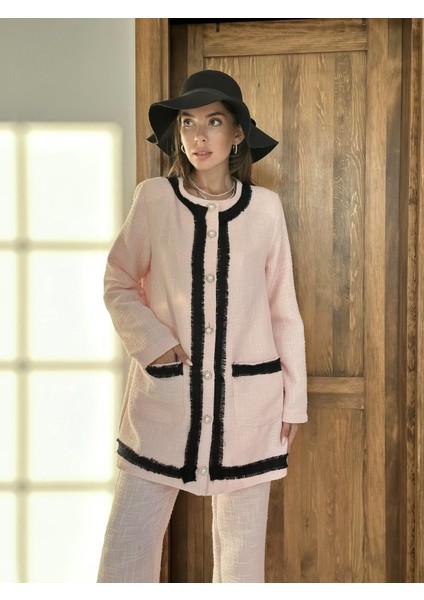 Pembe Siyah Şeritli Yakasız Ceket ve Pantolon Takım