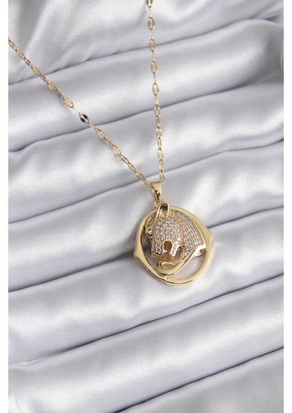 316L Çelik Gold Renk Zirkon Taşlı Puma Model Kadın Kolye - TJ-BKO8178