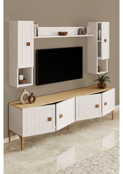 %100 Mdf Tv Ünitesi 180 cm Desenli Dolaplı Raflı Tv Ünitesi