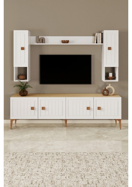 %100 Mdf Tv Ünitesi 180 cm Desenli Dolaplı Raflı Tv Ünitesi
