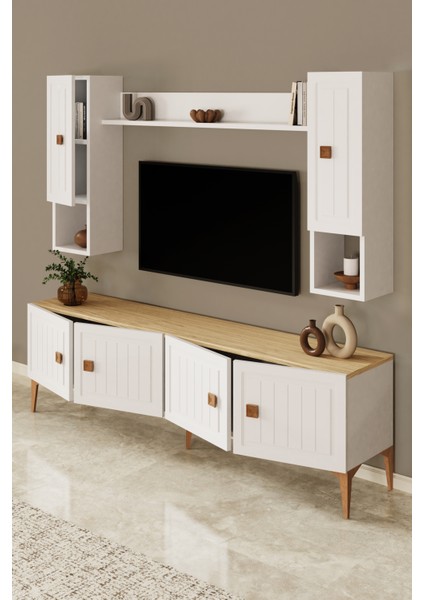 %100 Mdf Tv Ünitesi 180 cm Desenli Dolaplı Raflı Tv Ünitesi