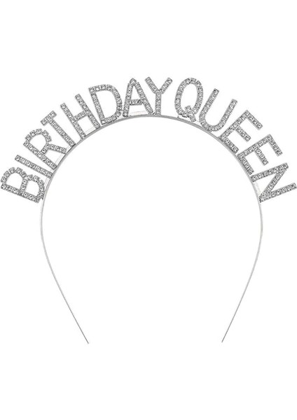 Gümüş Renk Kristal Taşlı Parlak Birthday Queen Yazılı Kraliçe Taç 16X17 cm