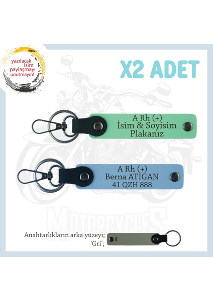 Abinize Özel Isim Plaka ve A Rh (+) Kan Grubu Yazılı Kişiselleştirilmiş X2 Anahtarlık, Yeşil-Mavi-Gr