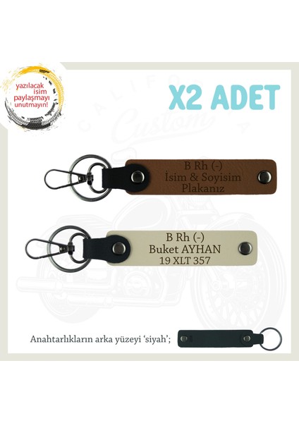 Yolların Sürücülerine, Isim Plaka ve B Rh - Kan Grubu Yazılı X2 Anahtarlık Seti, Kahve-S Kahve-Syh