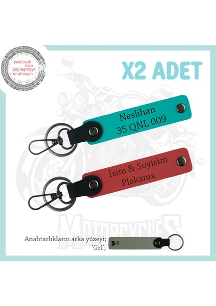 Yüksek Kalite Deri Anahtarlıklar, Kişiye Özel Plaka & Isim Yazılı X2'li Set, Nar Çiçeği-K Turkuaz-Gr