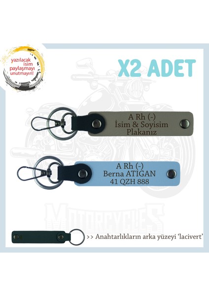 Motosiklet Aşıkları Için, Isim Plaka ve A Rh (-) Kan Grubu Yazılı 2'li Anahtarlık, Kül Gri-Mavi-Laci