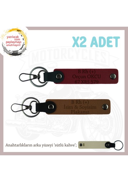 Motosiklet Tutkunlarına, Isim Plaka ve B Rh (+) Kan Grubu Yazılı Deri X2 Anahtarlık, Kahve-Bordo-Sk