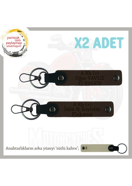 Biker Tarzına Özel, Isim Plaka ve A Rh (+) Kan Grubu Yazılı Hediye X2 Anahtarlık Takım, K Kahve-Sk