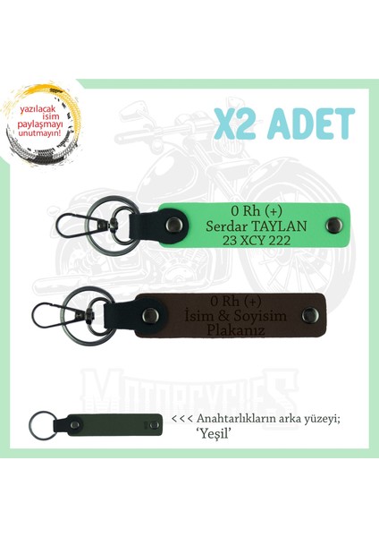 Hız Severlere Isim Plaka ve 0 Rh (+) Kan Grubu Yazılı X2 Motorcu Anahtarlık, K Kahve-F Yeşil-Ysl