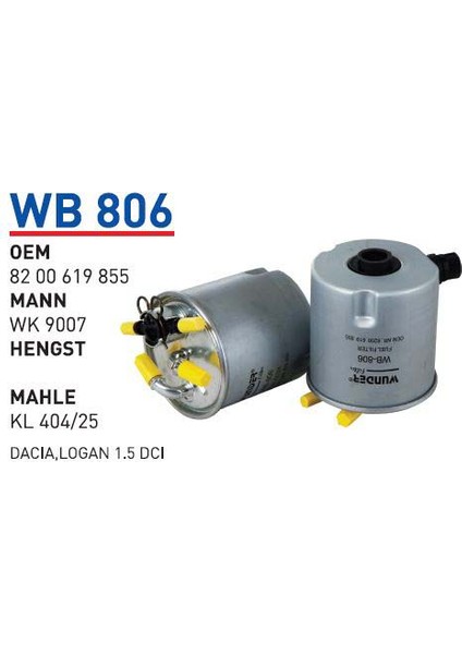 Wb806 Oem 8200619855 Dacıa Logan 1.5 Dci Yakıt Filtre Mazot