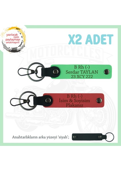 Motosiklet Severlere, Isim Plaka ve B Rh (-) Kan Grubu Yazılı X2 Anahtarlık, Nar Çiçeği-F Yeşil-Syh