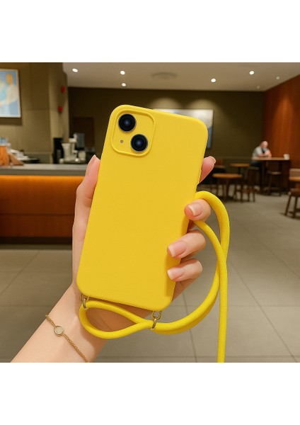 Apple iPhone 12 ile Uyumlu Ipli Boyun Askılı Silikon Kılıf Kadife Iç Yüzeyli Epiphany Kılıf Sarı