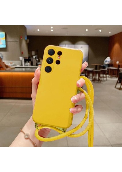 iPhone 12 Pro Max ile Uyumlu Ipli Boyun Askılı Silikon Kılıf Kadife Iç Yüzeyli Epiphany Kılıf Sarı