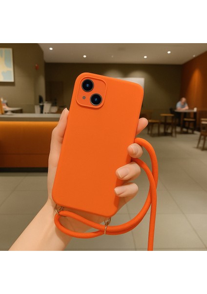 Apple iPhone 13 ile Uyumlu Ipli Boyun Askılı Silikon Kılıf Kadife Iç Yüzeyli Epiphany Kılıf Turuncu