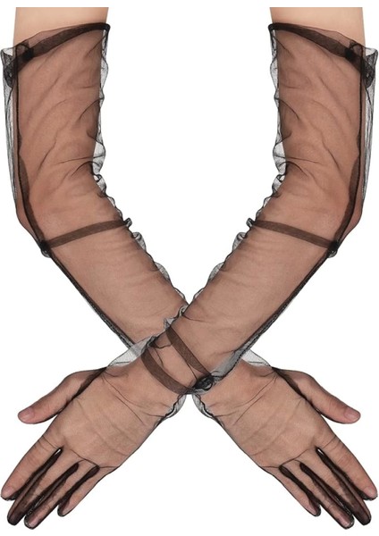 Uzun Boy Likralı Siyah Renk Yetişkin Mega Tül Eldiven 53 cm