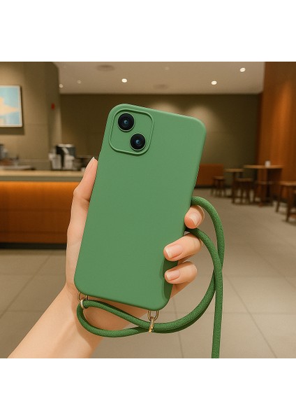 Apple iPhone 13 ile Uyumlu Ipli Boyun Askılı Silikon Kılıf Kadife Iç Yüzeyli Epiphany Kılıf Yeşil