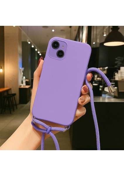 Apple iPhone 15 ile Uyumlu Ipli Boyun Askılı Silikon Kılıf Kadife Iç Yüzeyli Epiphany Kılıf Lila