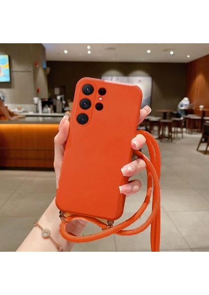 Apple iPhone 13 Pro Max ile Uyumlu Ipli Boyun Askılı Silikon Kılıf Kadife Iç Yüzeyli Epiphany Kılıf Turuncu