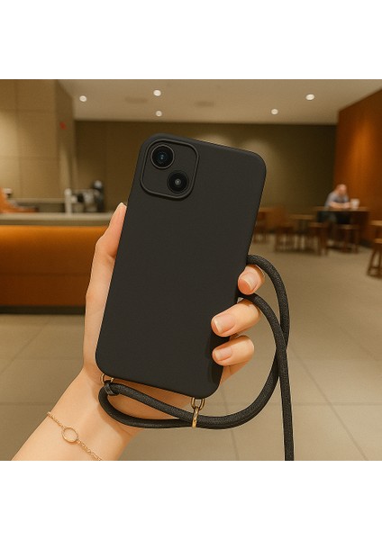 Apple iPhone 15 ile Uyumlu Ipli Boyun Askılı Silikon Kılıf Kadife Iç Yüzeyli Epiphany Kılıf Siyah