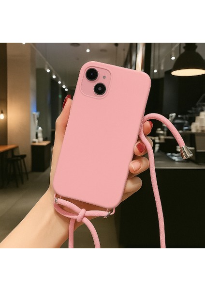 Apple iPhone 15 ile Uyumlu Ipli Boyun Askılı Silikon Kılıf Kadife Iç Yüzeyli Epiphany Kılıf Pembe