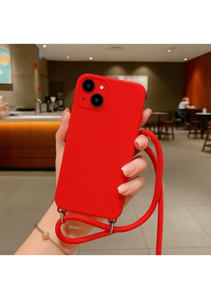 Apple iPhone 15 ile Uyumlu Ipli Boyun Askılı Silikon Kılıf Kadife Iç Yüzeyli Epiphany Kılıf Kırmızı
