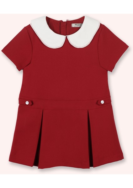 Kız Çocuk Eteği Plikaşeli Kısa Kollu Fermuarlı Yakalı Kırmızı Elbise