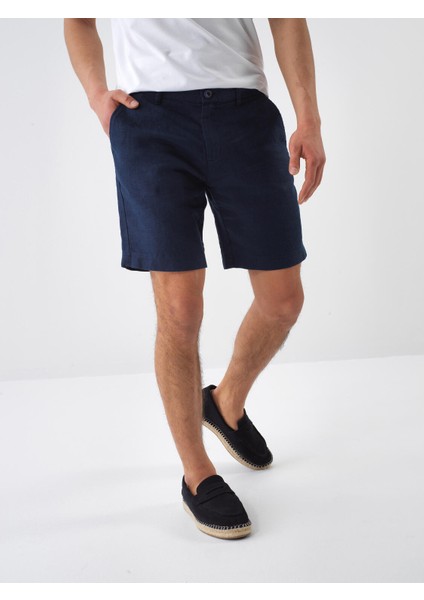 Lacivert Regular Fit Keten Basic Şort