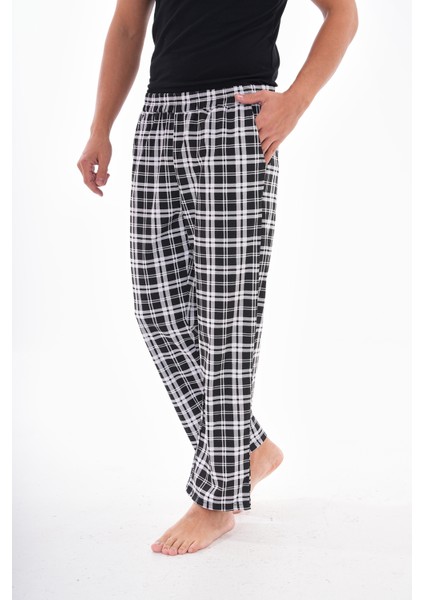 Erkek Pamuklu Cepli Ekose Baskılı Beli Lastikli Yazlık Pijama Altı Eşofman