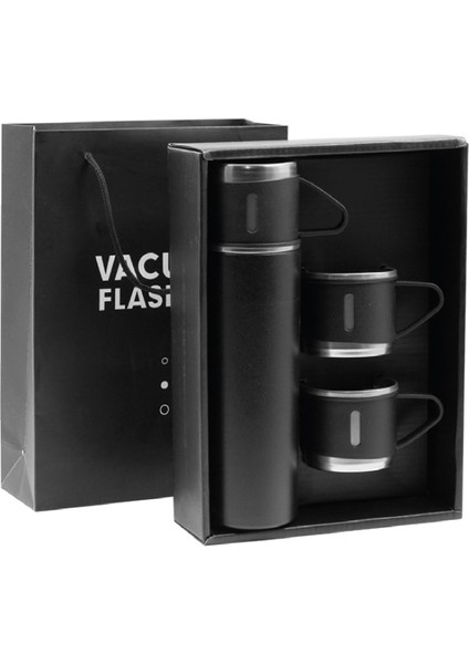 Elegance Termos Seti: 500ML Termos & 3 Bardak, Şık Karton Ambalaj Mavi