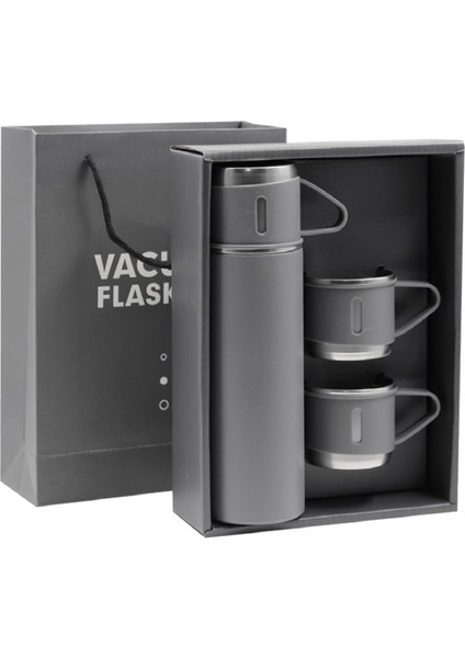 Elegance Termos Seti: 500ML Termos & 3 Bardak, Şık Karton Ambalaj Mavi