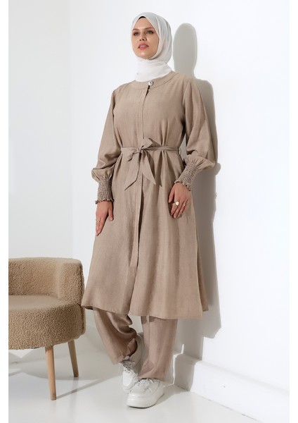 Kadın Gizli Fermuarlı Yandan Yırtmaçlı Gipeli Hac Umre Kıyafeti Tesettür Ikili Takım Bej indirimleri